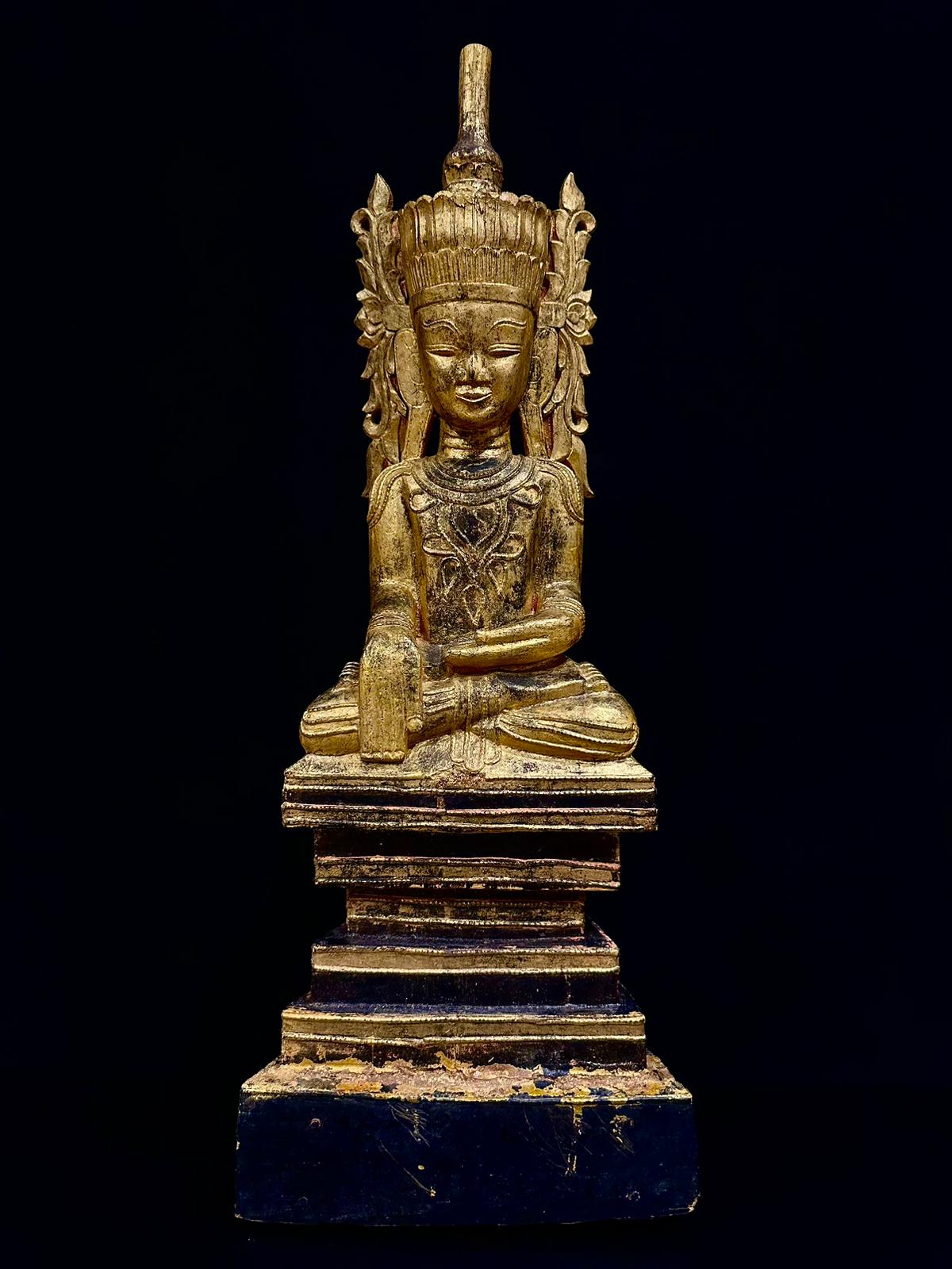 Gilt lacquered wood seated crowned Buddha in Bhumisparsha mudra- 7343